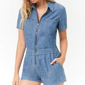 Forever 21 Women Short Sleeve Zip Up Chambray Romper Jumpsuits Medium